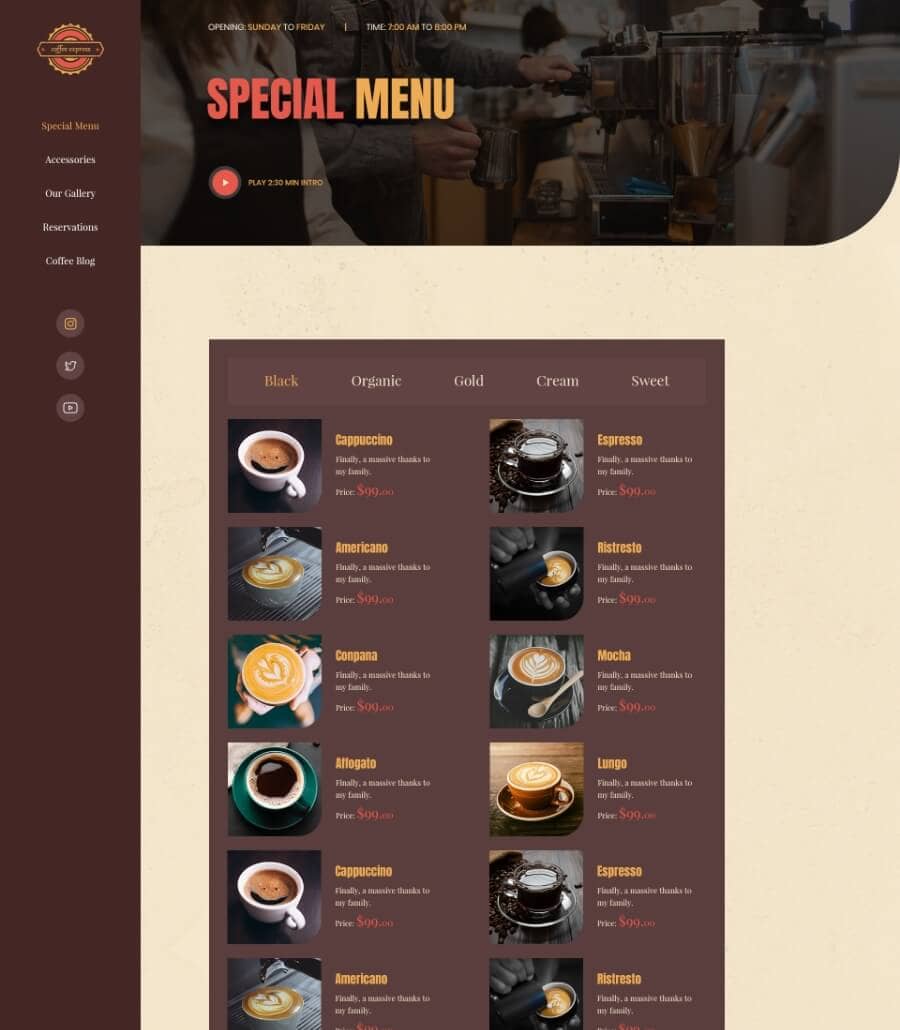 Templately - Coffee Express Special Menu Page Thumbnail