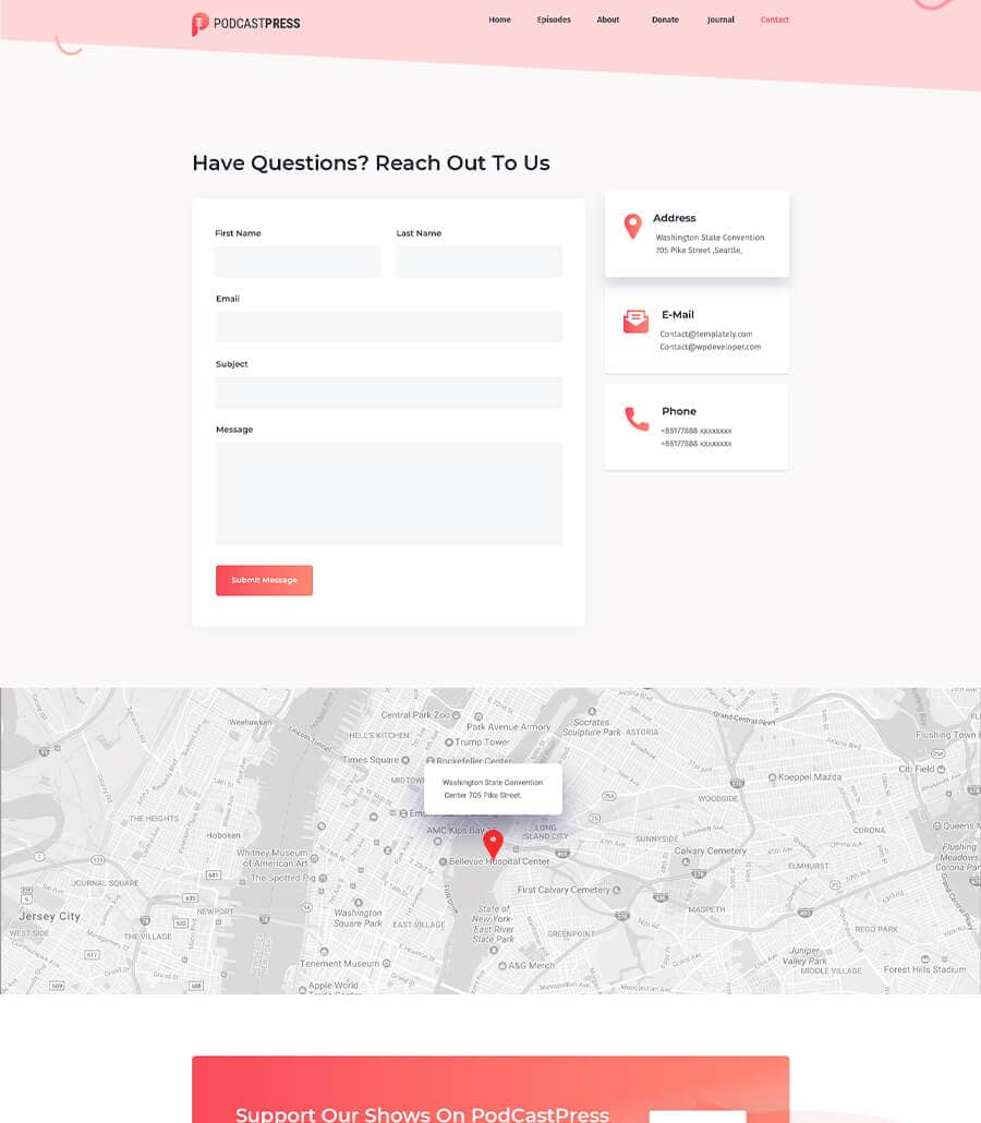 PodCastPress Contact Page  By Templately