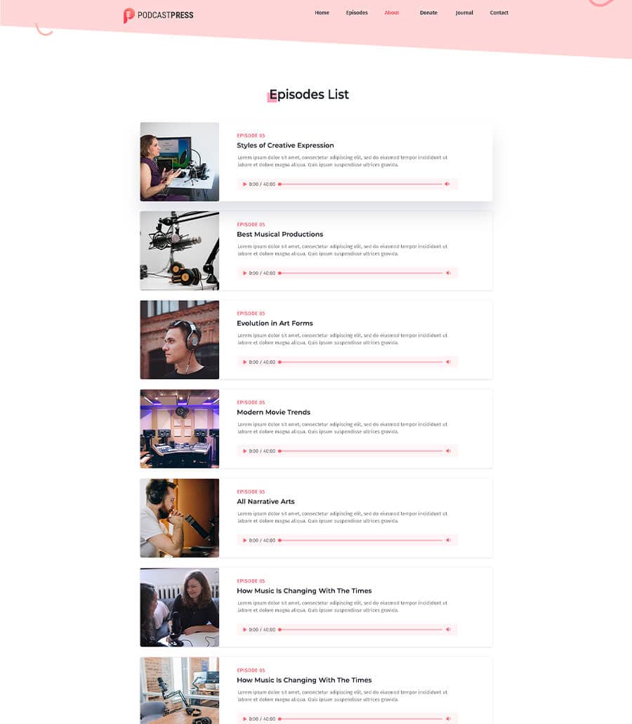 PodCastPress Episode List Page  By Templately