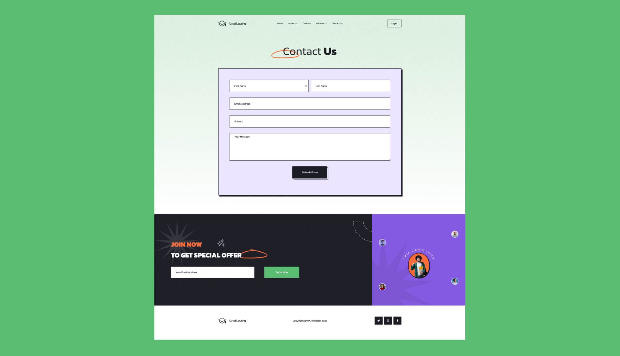 NextLearn Contact Page For Gutenberg Banner