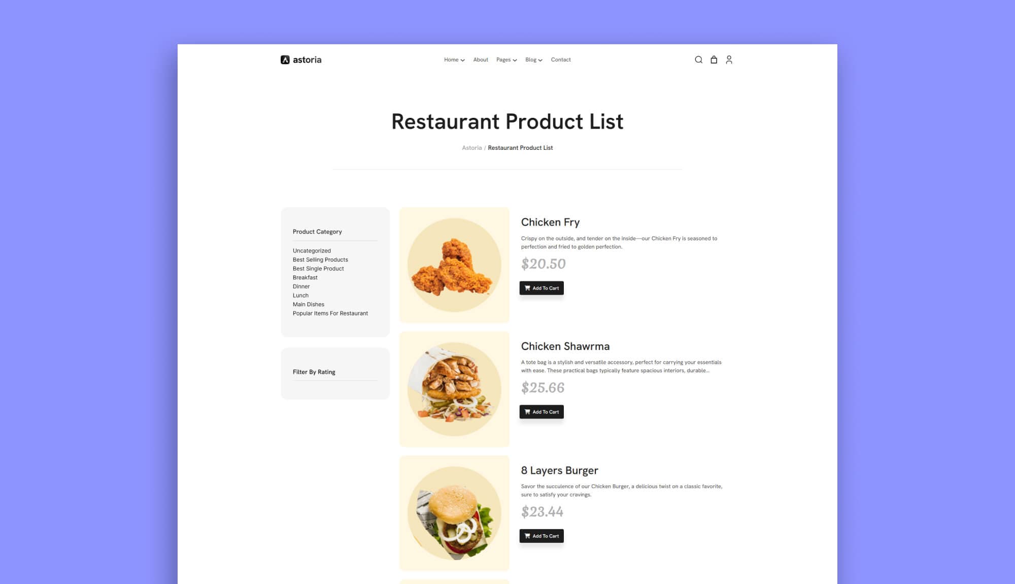 Astoria Restaurant Product List Page for Gutenberg Banner