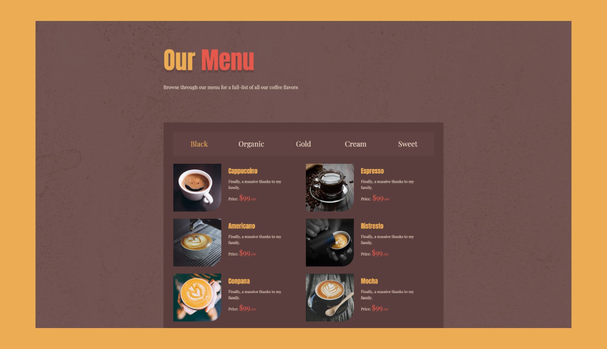 Coffee Express Menu Section For Gutenberg Banner