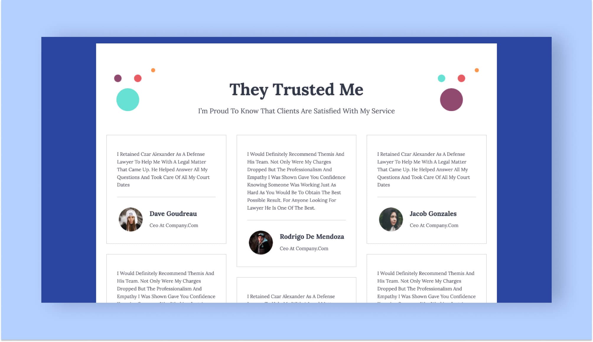 Alex Law Testimonial Section For Gutenberg Banner