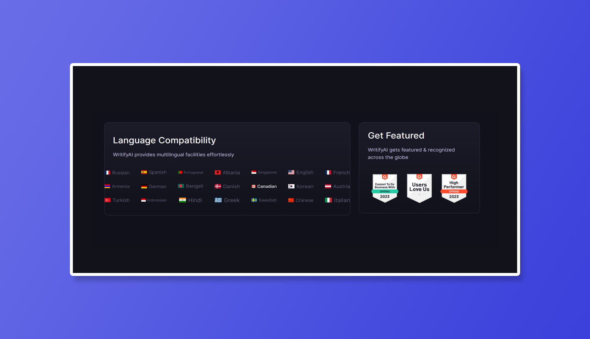WritifyAI Language & Features Section For Gutenberg Banner