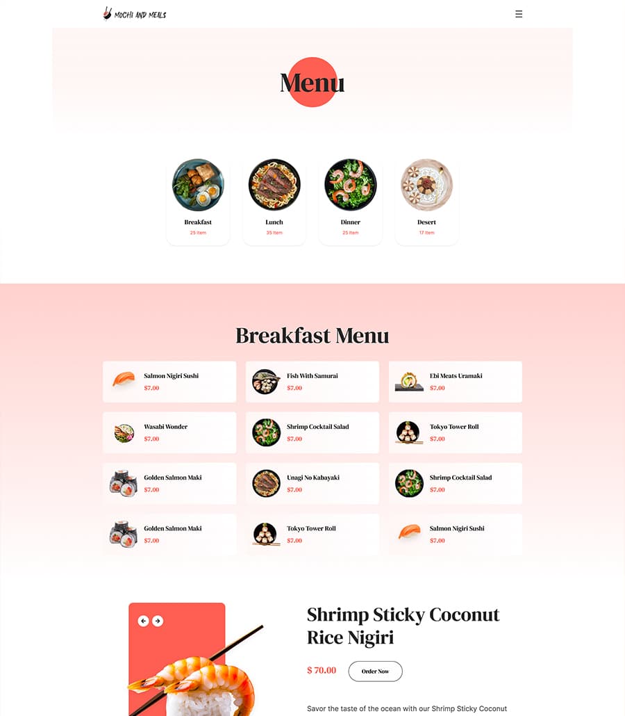 Mochi And Meals Menu Page For Gutenberg thumbnail