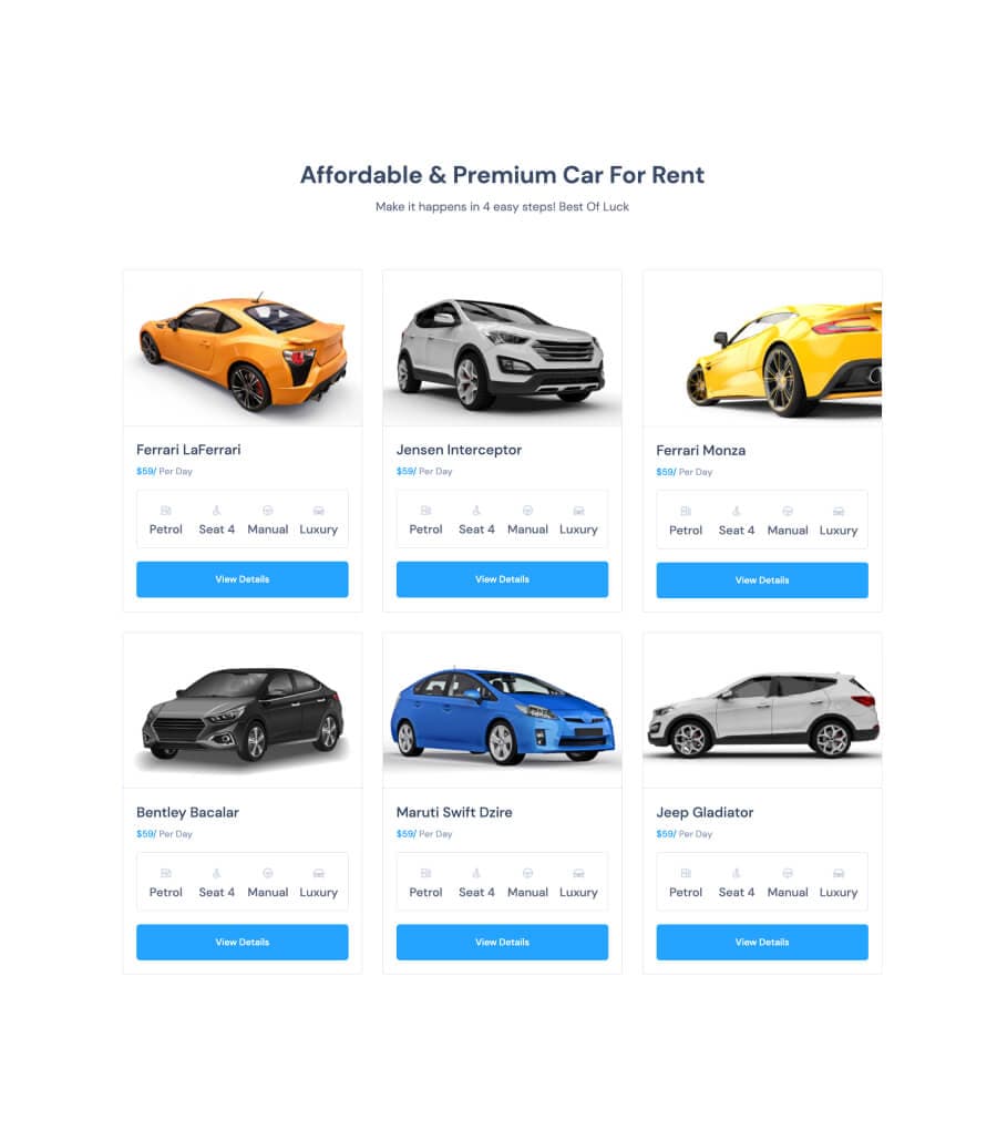 Speedy Rentals Cars For Rent Section By Templately