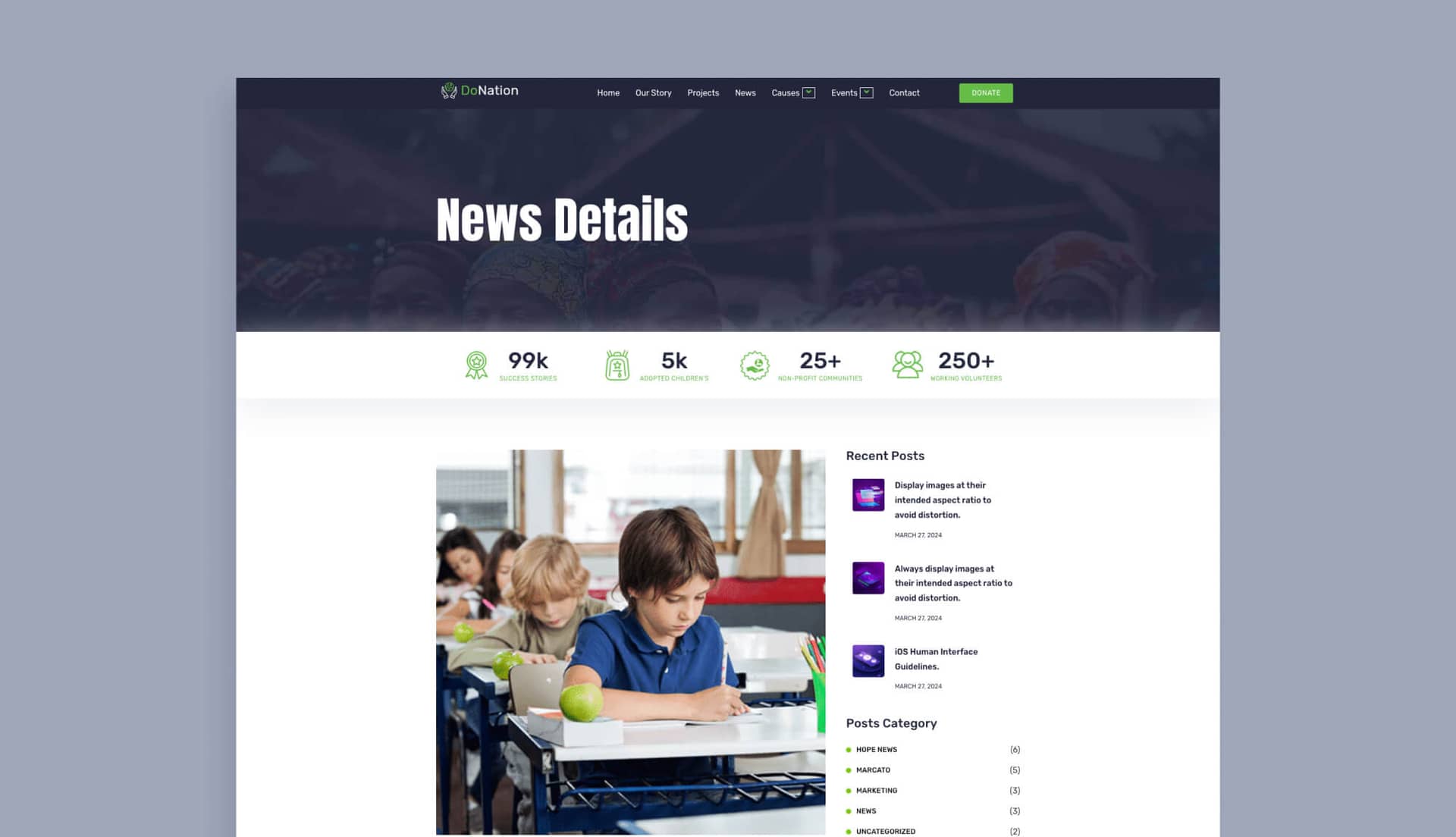DoNation Charity Template News Details page By Templately