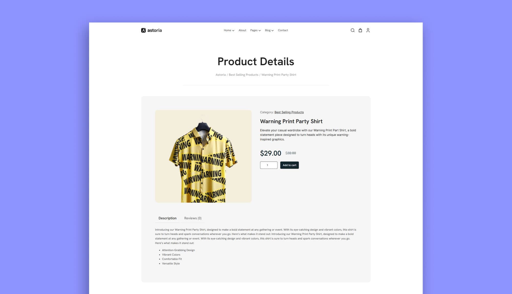 Astoria Restaurant Product Details Page for Gutenberg Banner