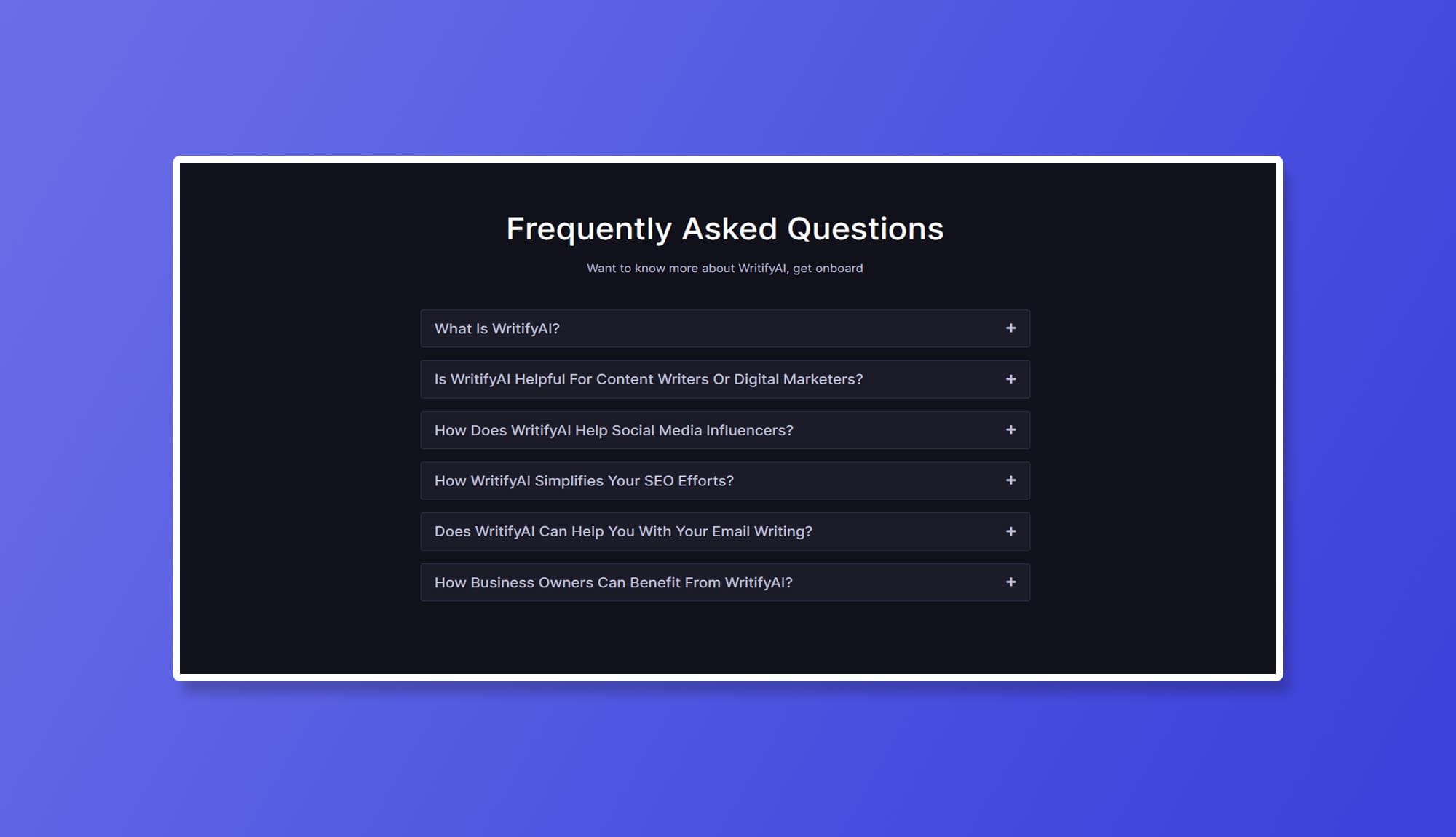 WritifyAI FAQ Section For Gutenberg Banner