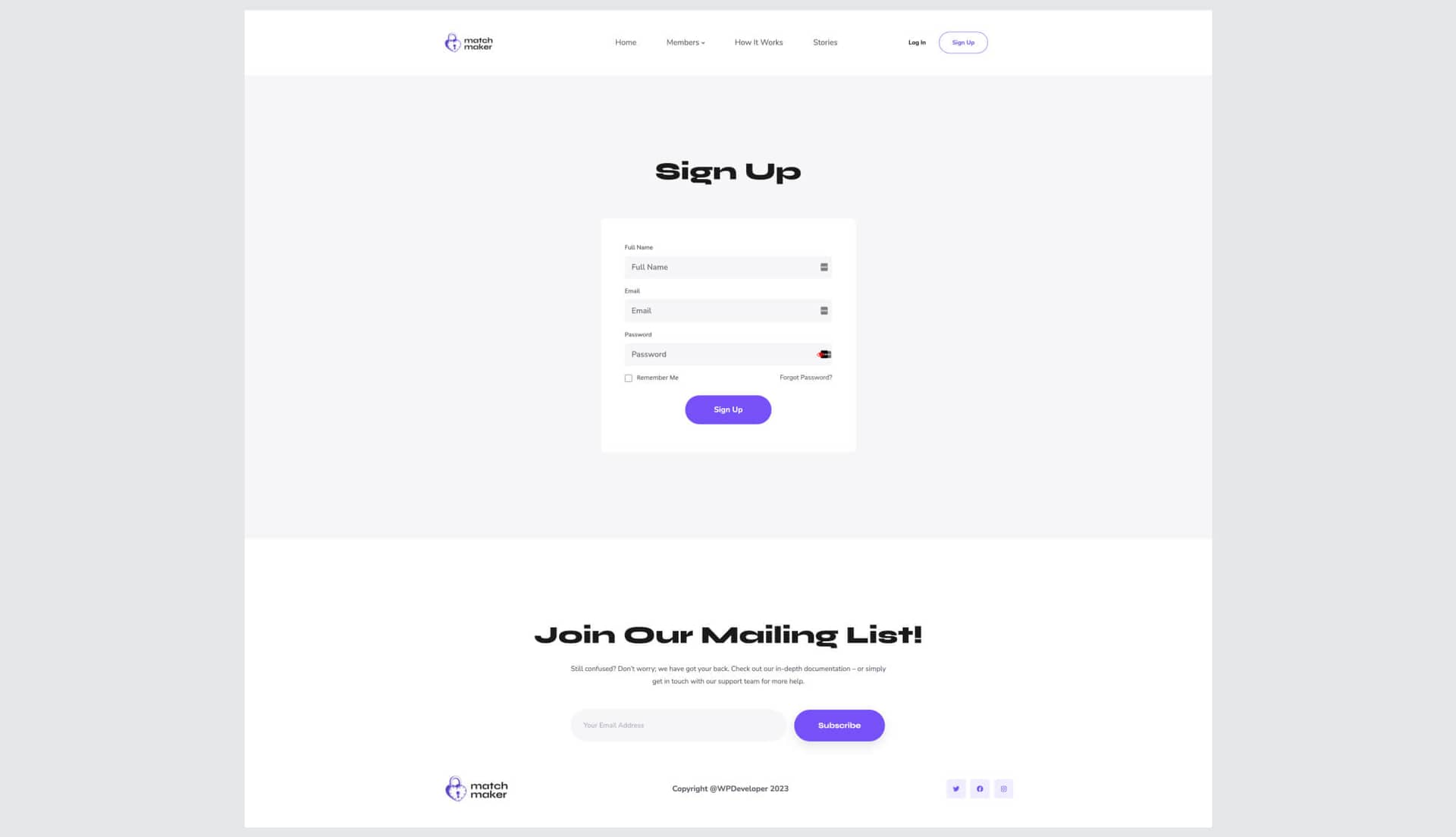 MatchMaker SignUp page By Templately