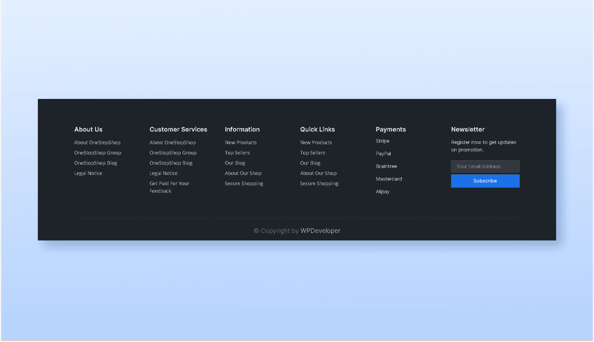 OneStopShop Footer Section For Gutenberg Banner