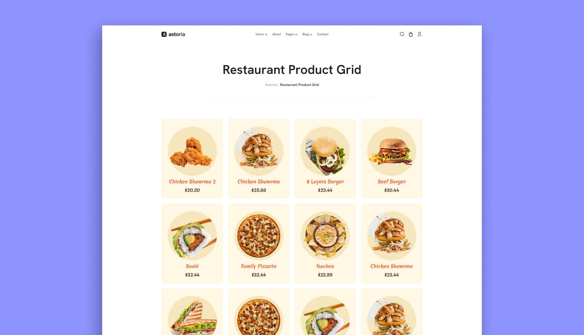 Astoria Restaurant Product Grid Page for Gutenberg Banner