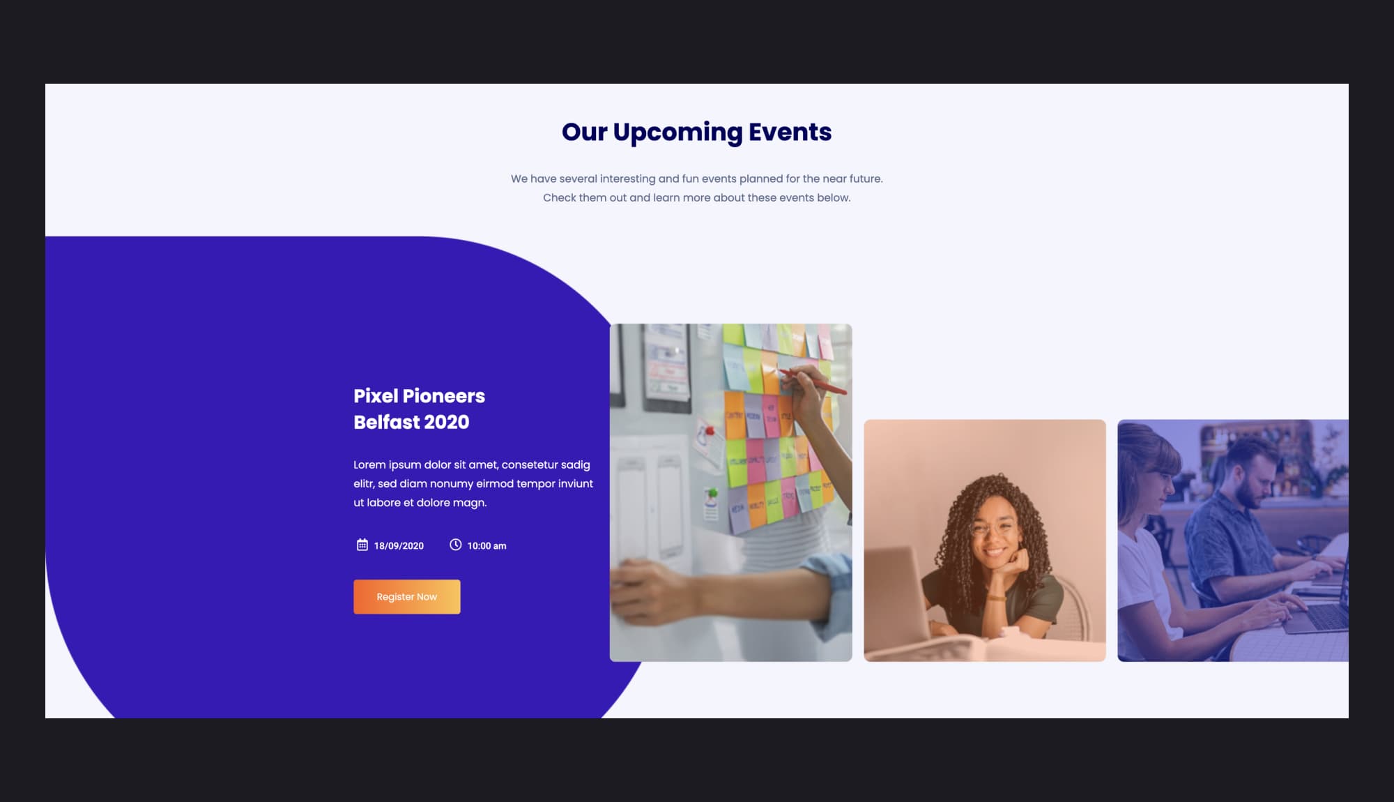 EleCamp Upcoming Events Section For Gutenberg Banner