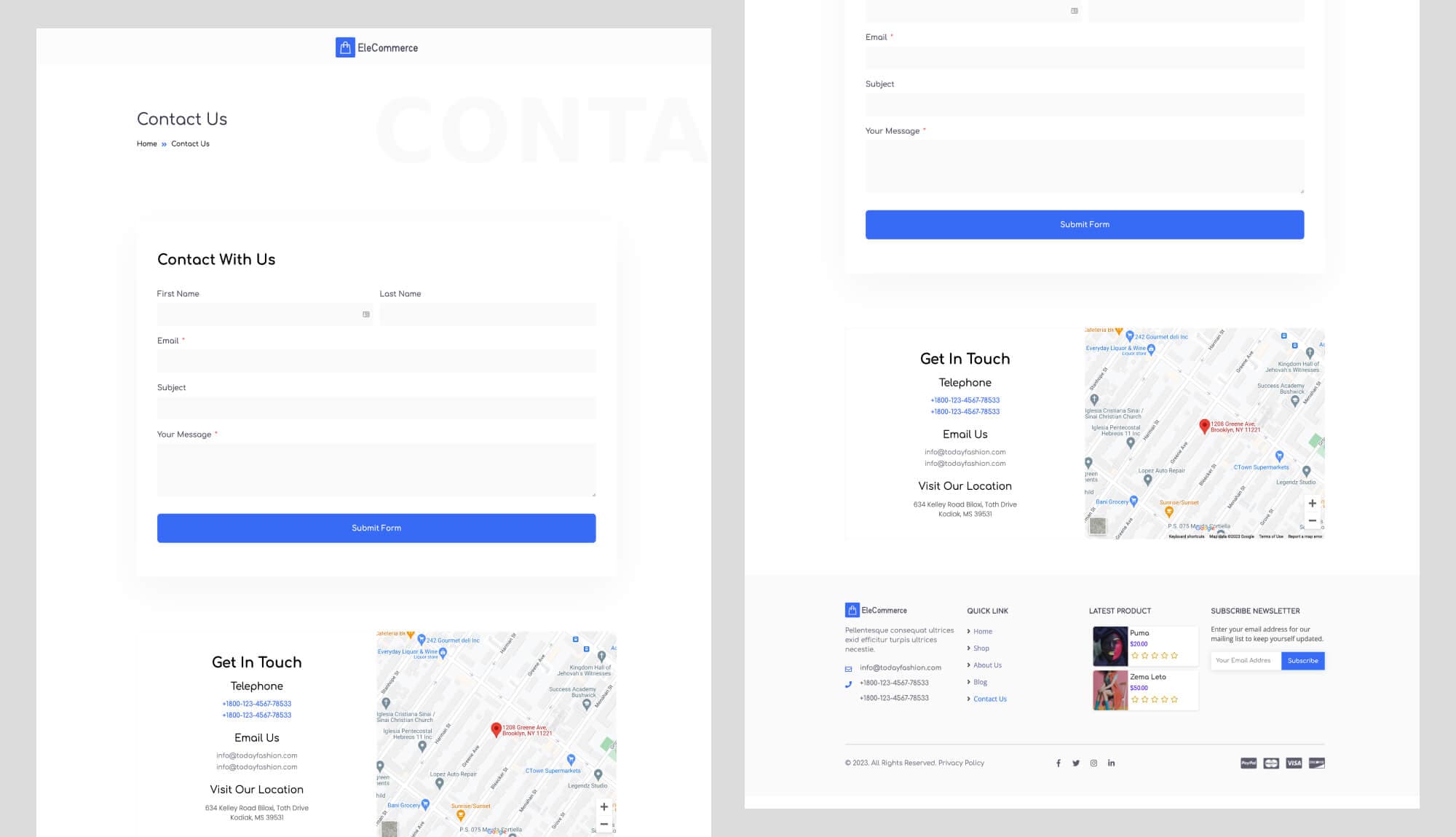EleCommerce Contact Page For Gutenberg By Templately