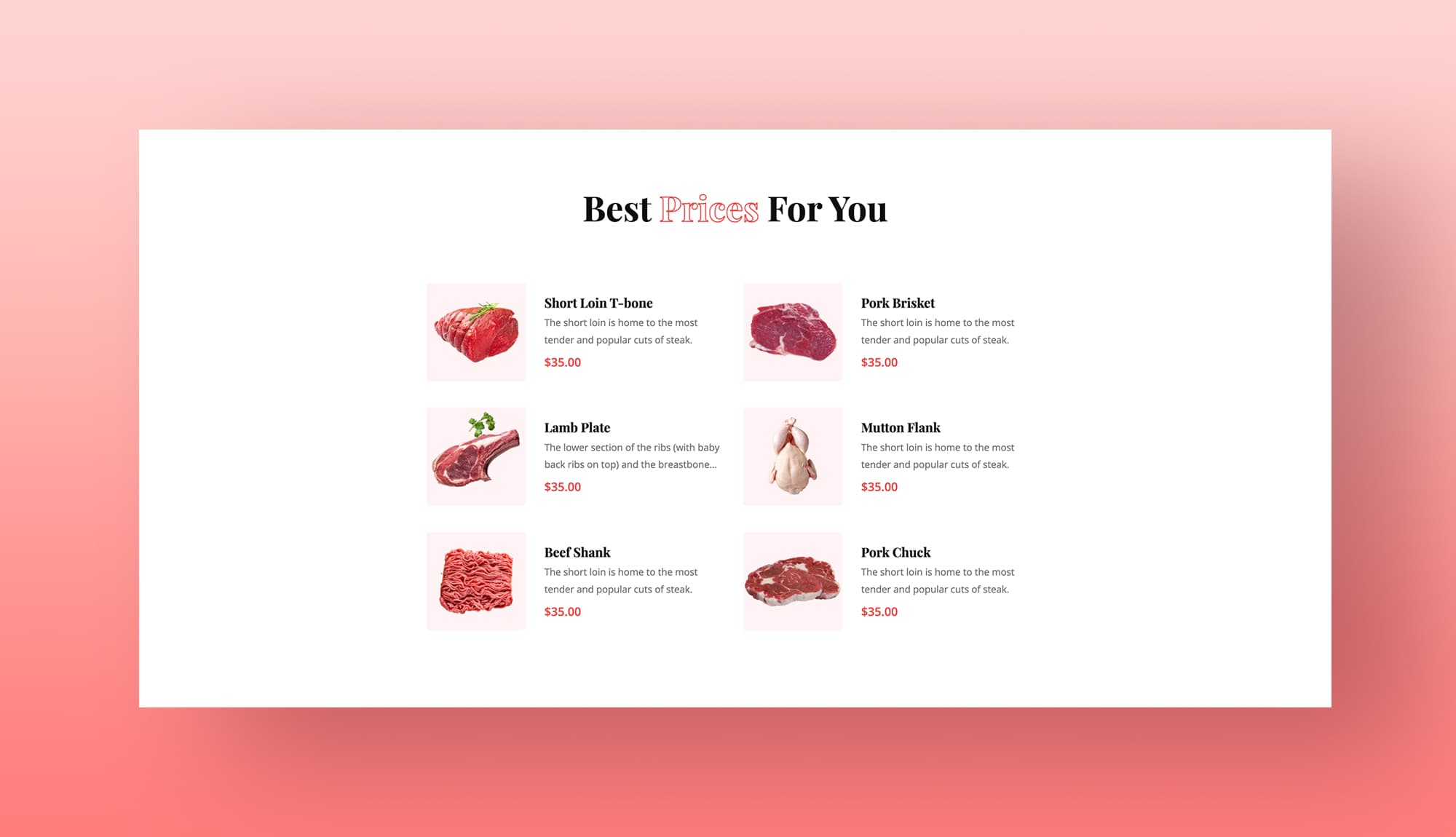 Meat Market Prices Section For Gutenberg By Templately