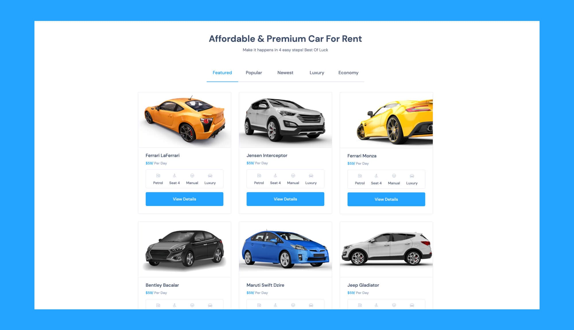 Speedy Rentals Car Collection Section For Gutenberg Banner