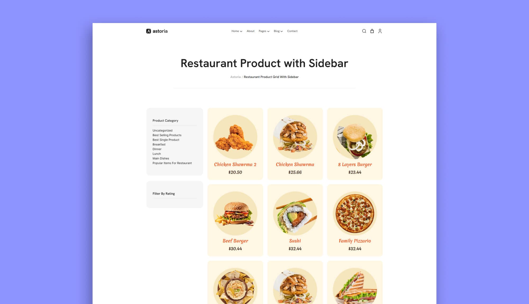 Astoria Restaurant Product Grid Page with Sidebar for Gutenberg Banner