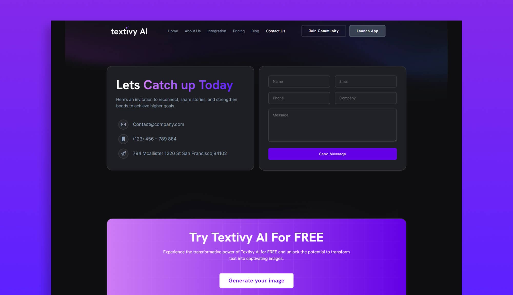 Textivy AI Contact Page For Gutenberg Banner