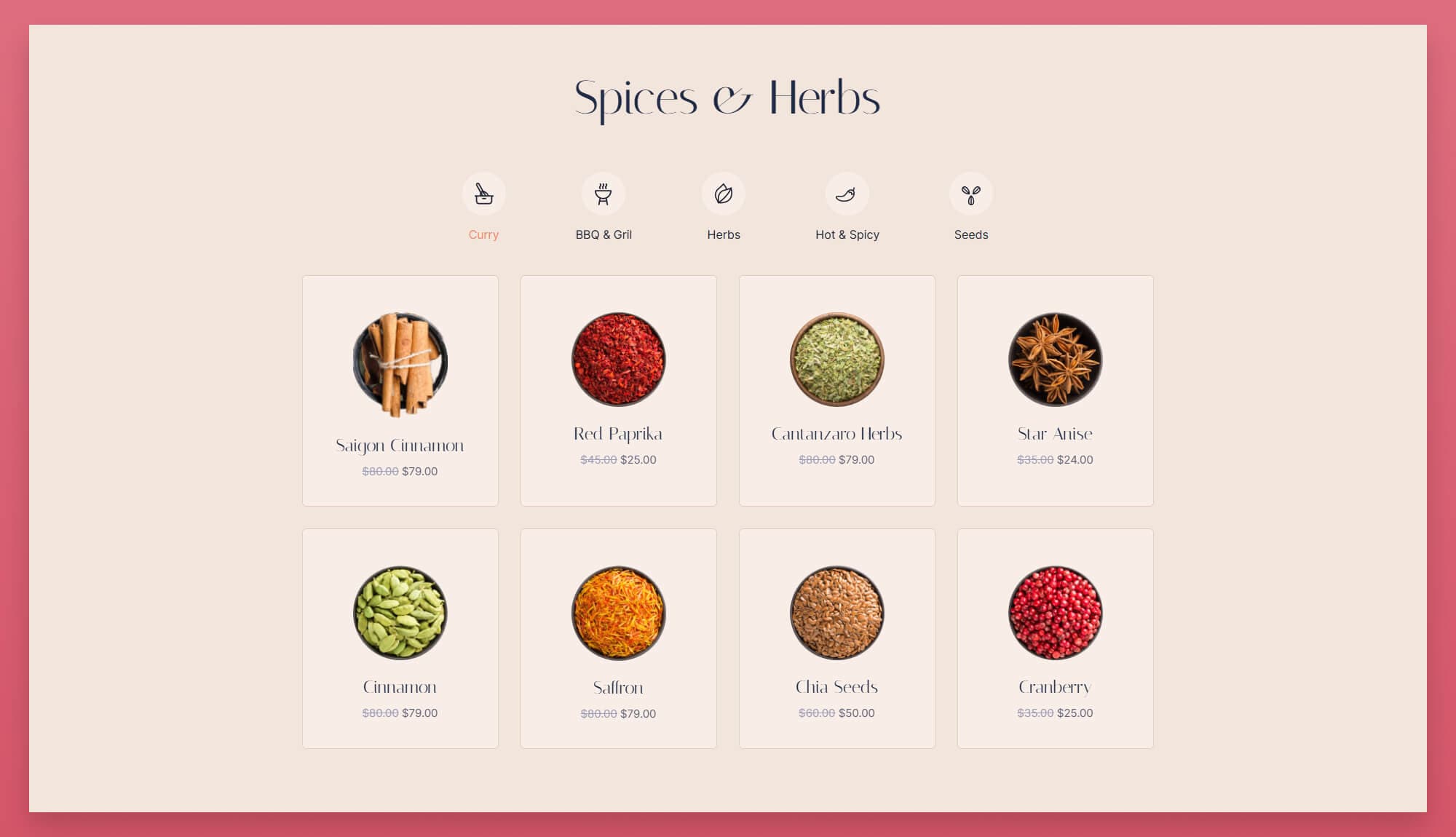 Herbs N Spice Products Category Tab Section for Gutenberg By Templately