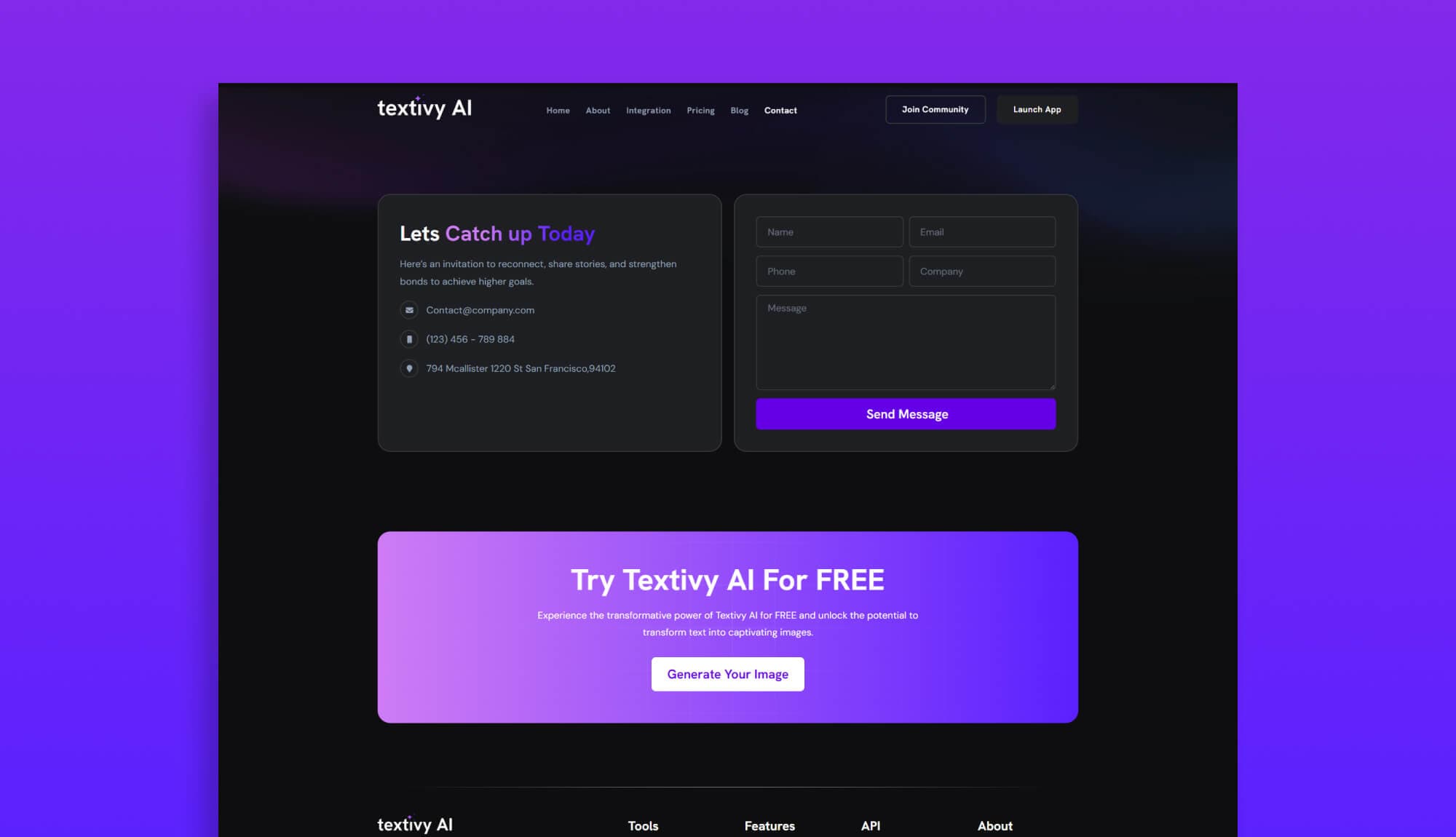 Textivy AI Contact Page By Templately