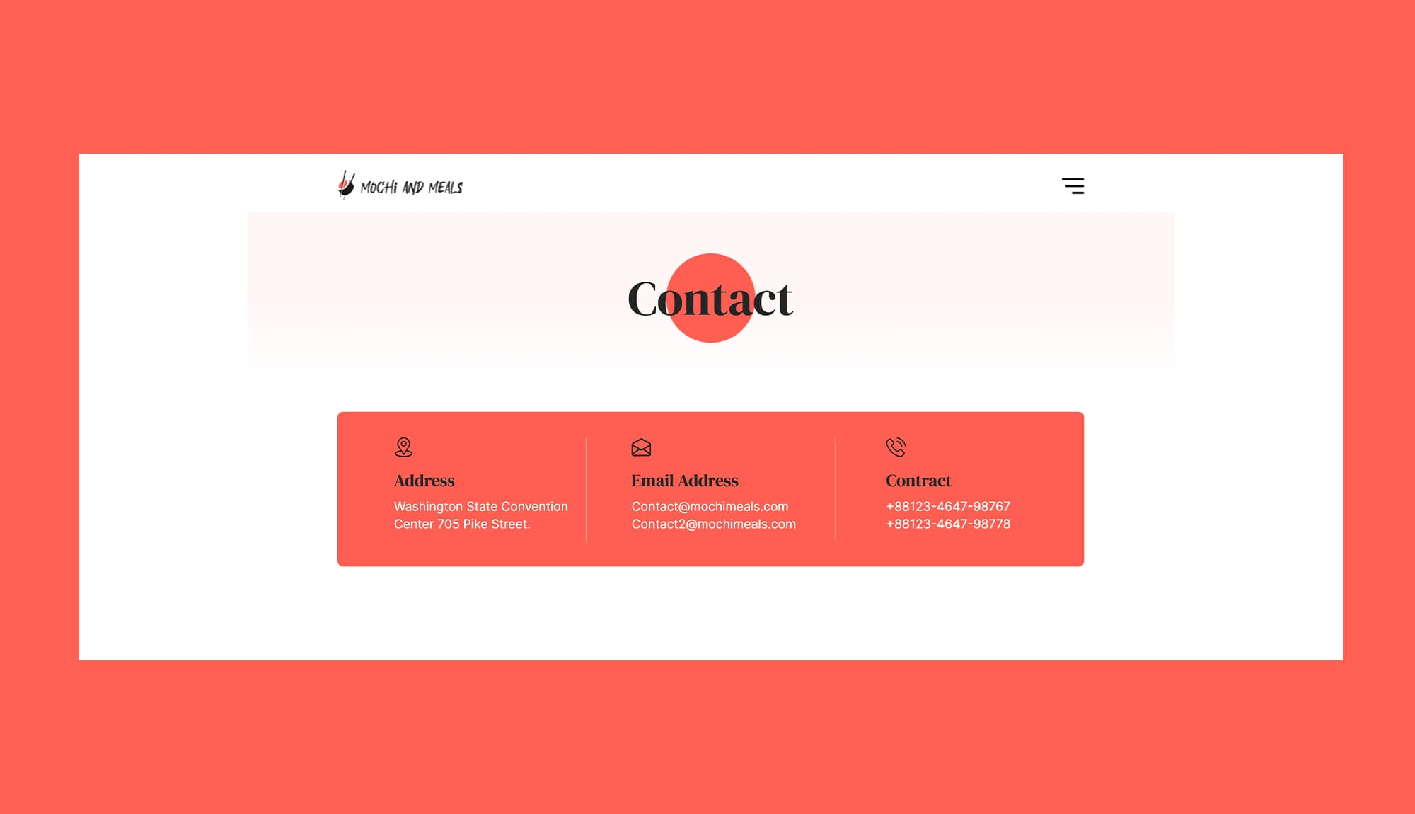 Mochi And Meals Contact Info Section For Gutenberg Banner