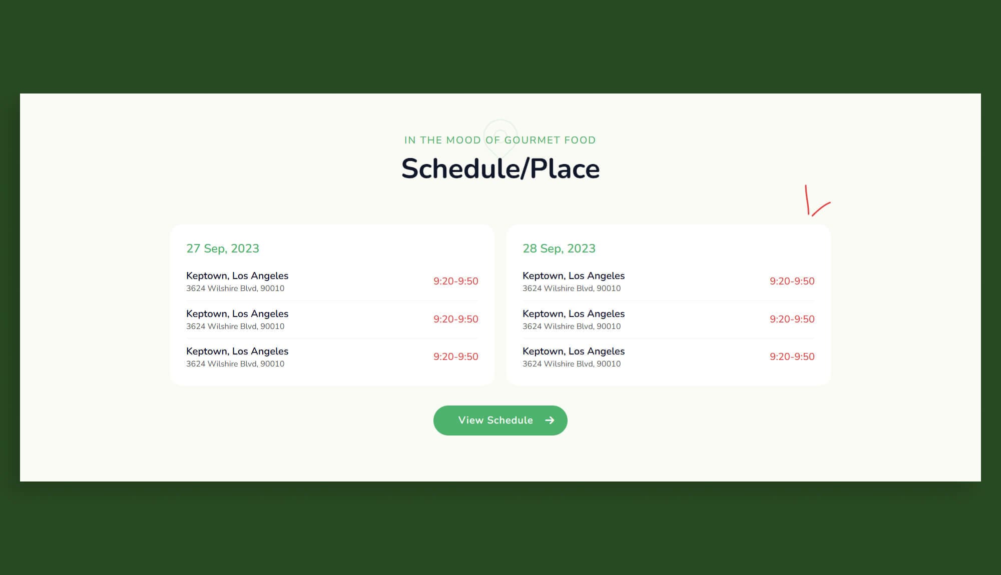 Gourmet Wheels Schedule Section for Gutenberg Banner