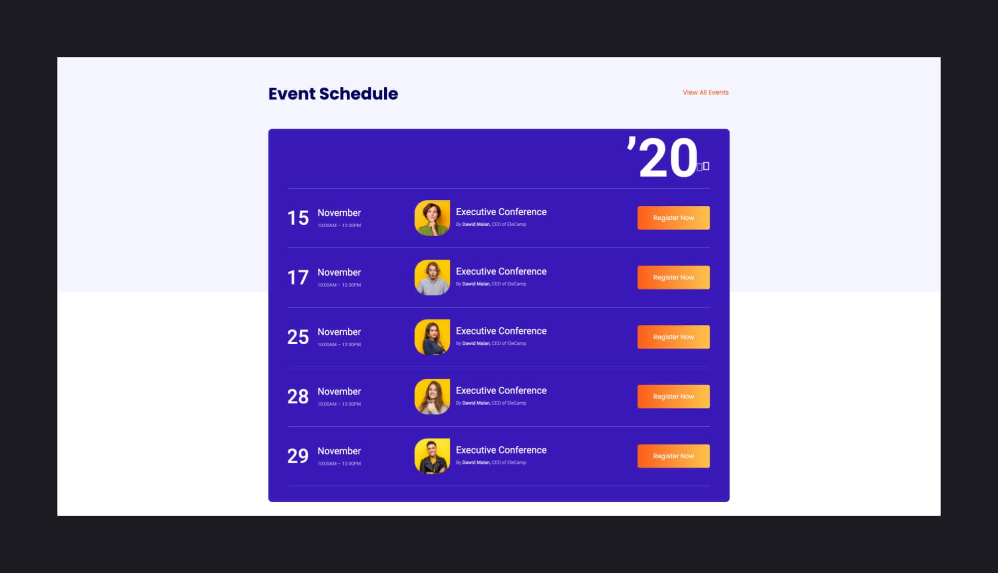 EleCamp Event Schedule Section For Gutenberg Banner